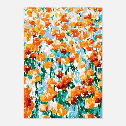 Vibrant abstract floral poster featuring blooming orange and red tulips, perfect for enhancing any living space.