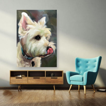 Westie Dog Painting Poster displayed in a stylish living room with blue chair, showcasing a playful portrait of a West Highland Terrier.
