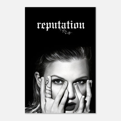 Taylor Swift Reputation metal print featuring striking black-and-white artwork and bold album title in a modern design.