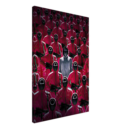 Squid Game Guards canvas print featuring a sea of red uniformed guards and a lone figure in the center, capturing suspense and intrigue.