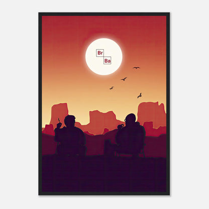 Sunset Breaking Bad framed poster featuring Walt and Jesse silhouetted under a fiery sunset in a desert landscape.