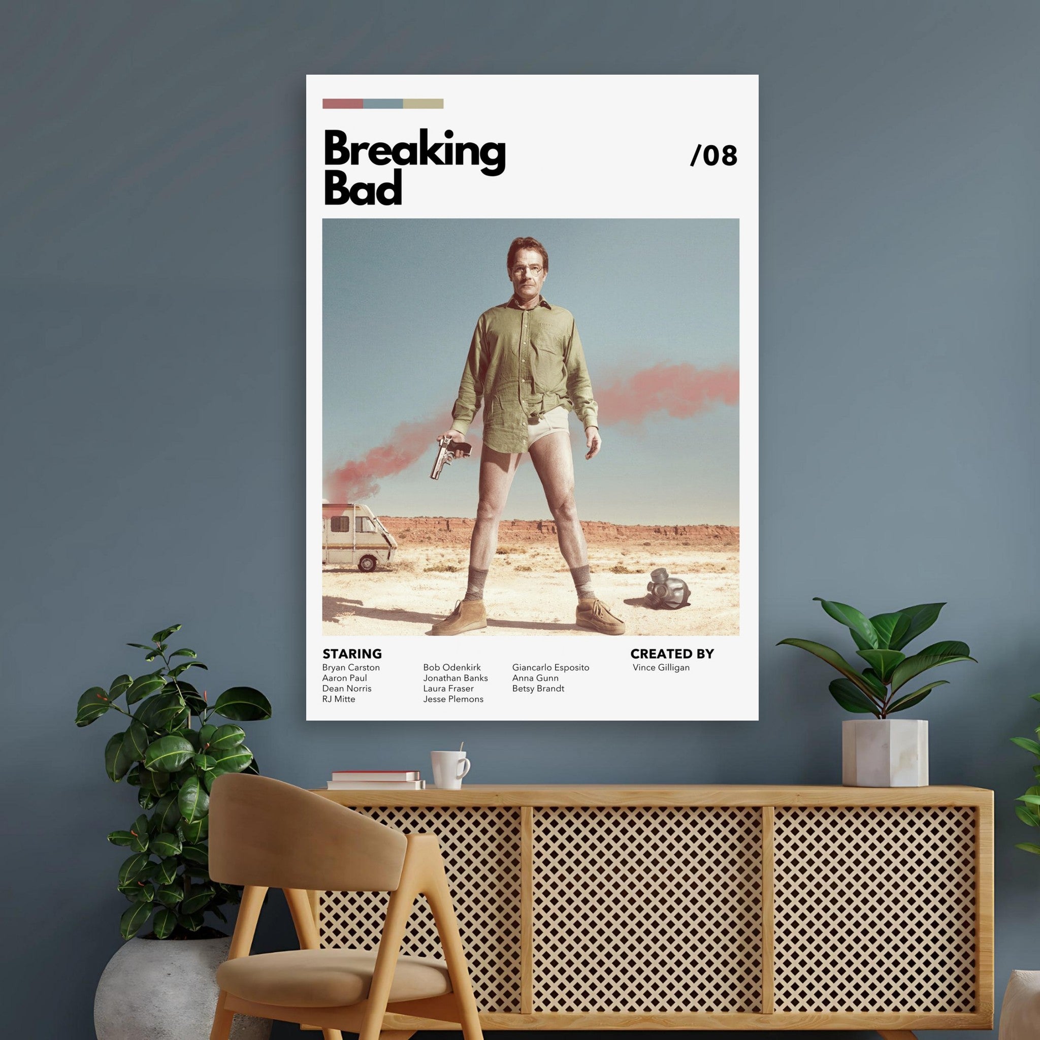 Retro Breaking Bad poster featuring Walter White in a desert setting, showcasing a vintage TV aesthetic for home decor.