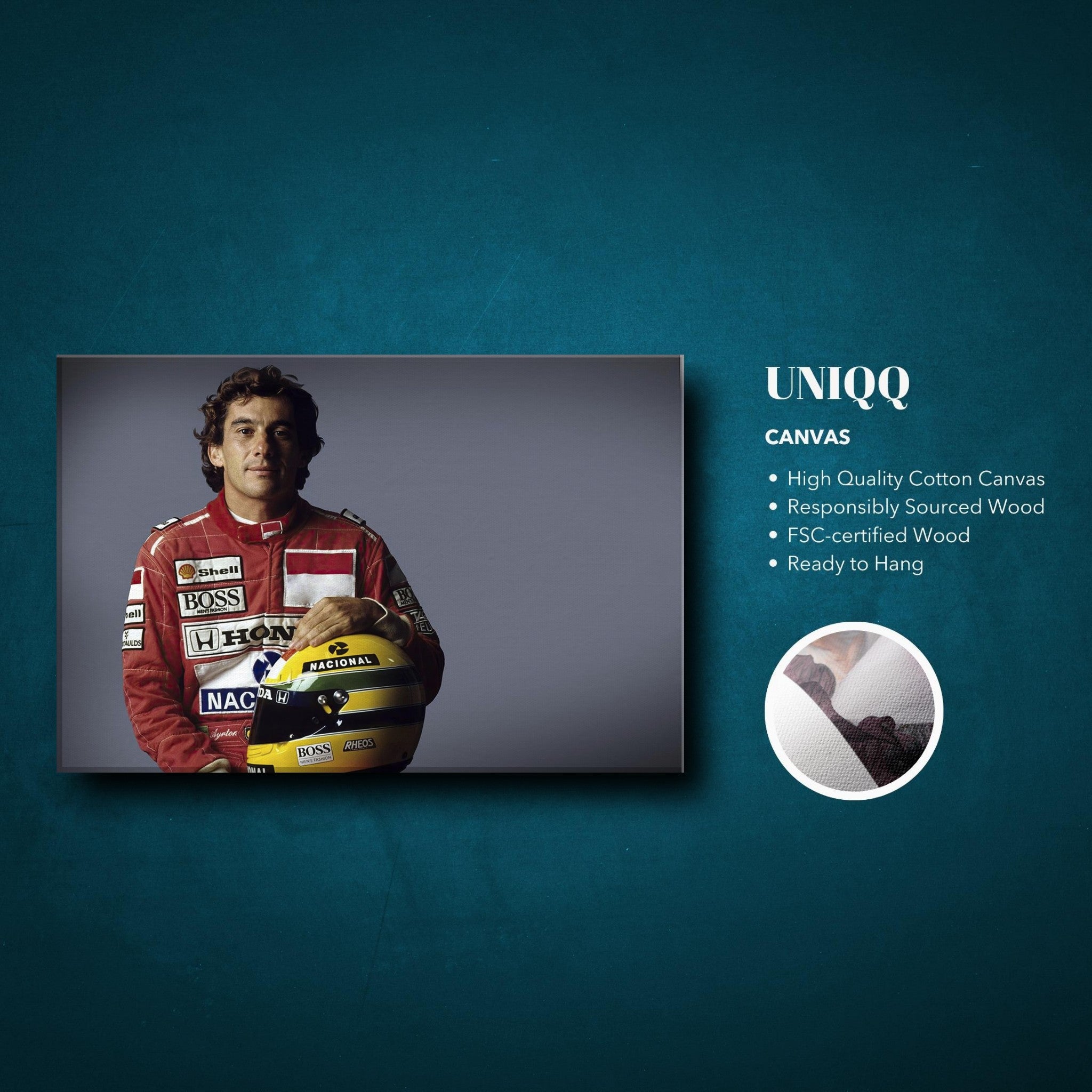 Ayrton Senna vibrant canvas print, featuring high-quality cotton with a gallery-style finish, ready to hang.