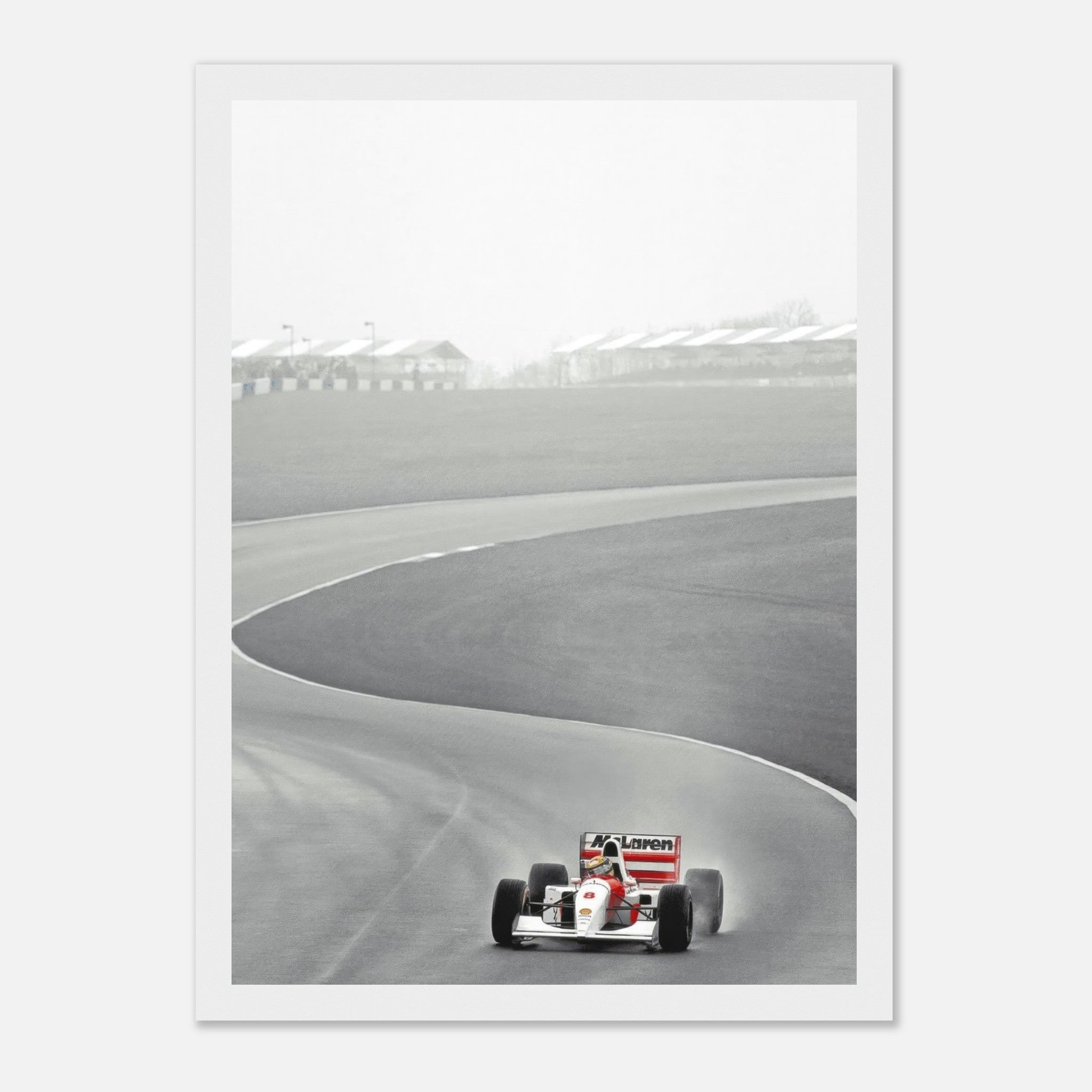 1988 Ayrton Senna McLaren MP4/4 racing on track in stunning black and white framed print.