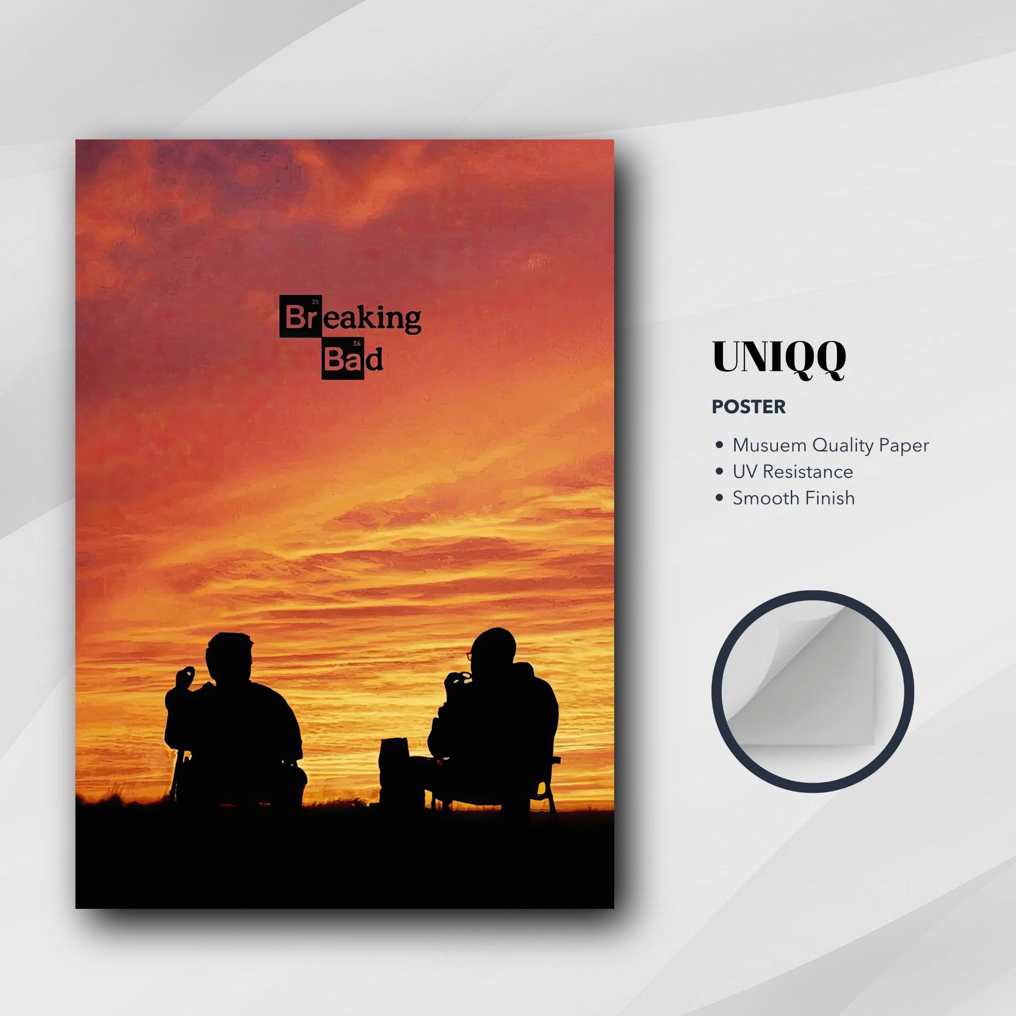 Breaking Bad poster featuring silhouetted characters against a vibrant sunset, perfect for fans of the iconic TV series.