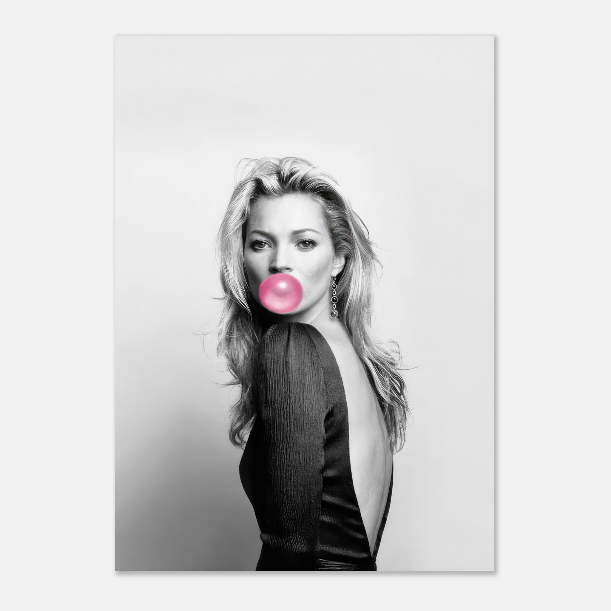 Kate Moss Bubble Gum Poster in black-and-white with a pink bubble, adding edgy sophistication to modern decor.