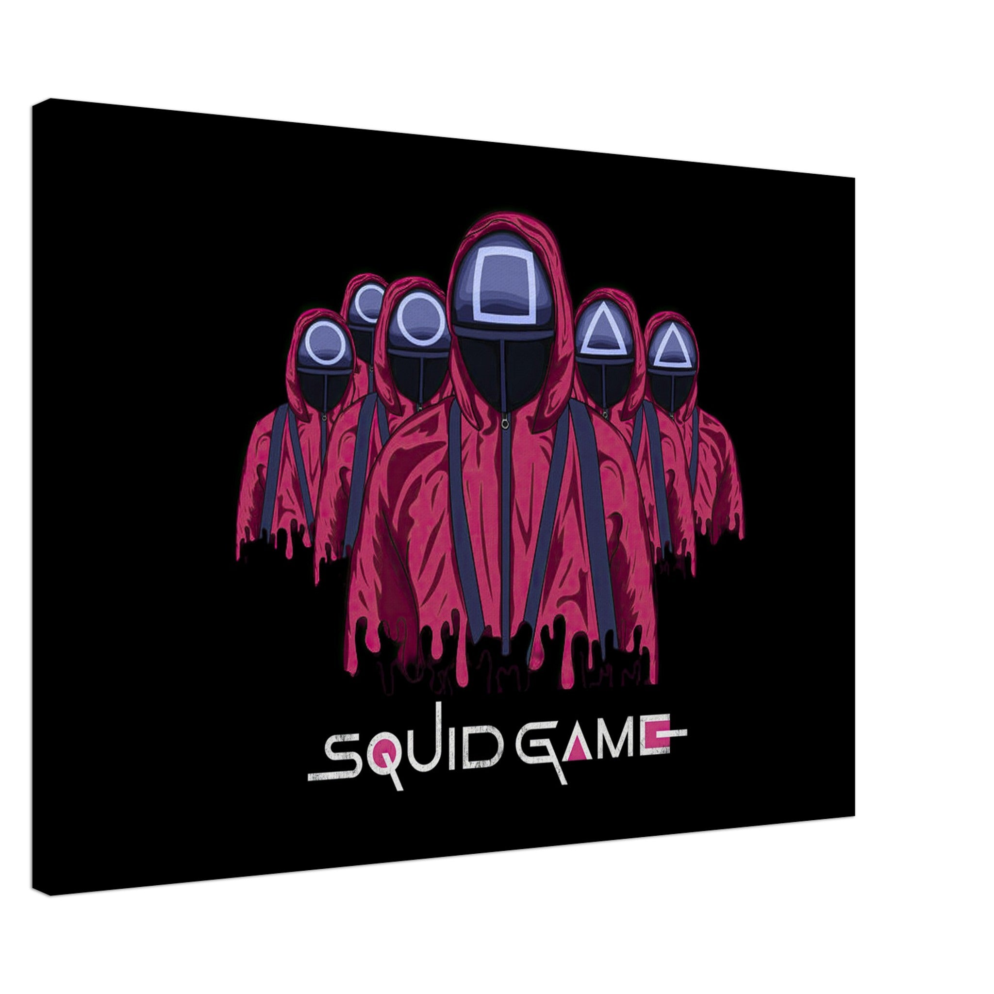 Squid Game Soldiers Canvas depicting iconic masked guards in red uniforms against a black background.