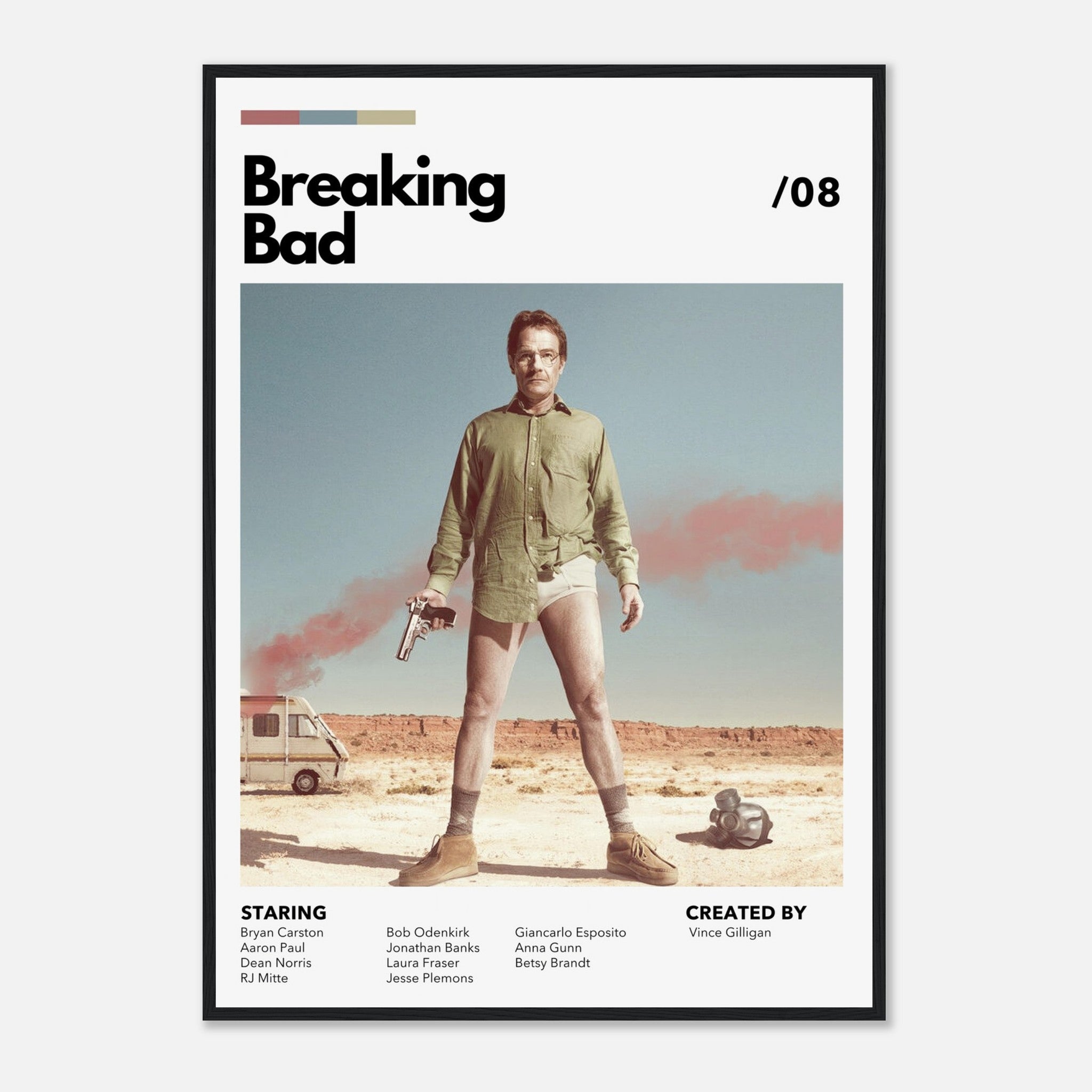 Retro Breaking Bad framed poster featuring Walter White in desert attire with a revolver, perfect for fans of the series.