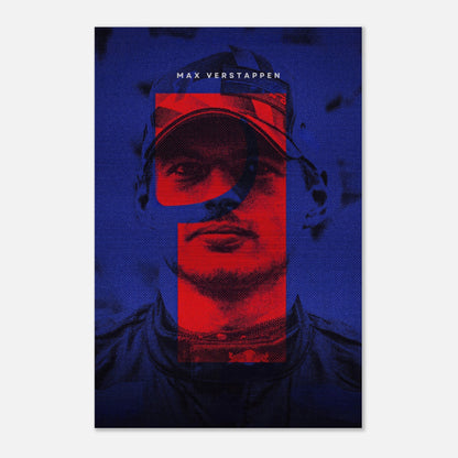 Max Verstappen brushed metal print showcasing dynamic F1 design with striking colors and textures on durable aluminum.