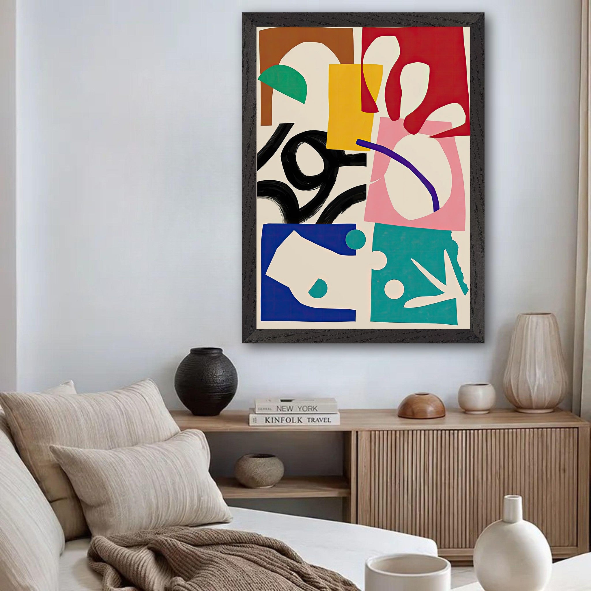 The Abstract Harmony Vintage Framed Print displayed in a modern living room setting, showcasing bold geometric shapes and colors.