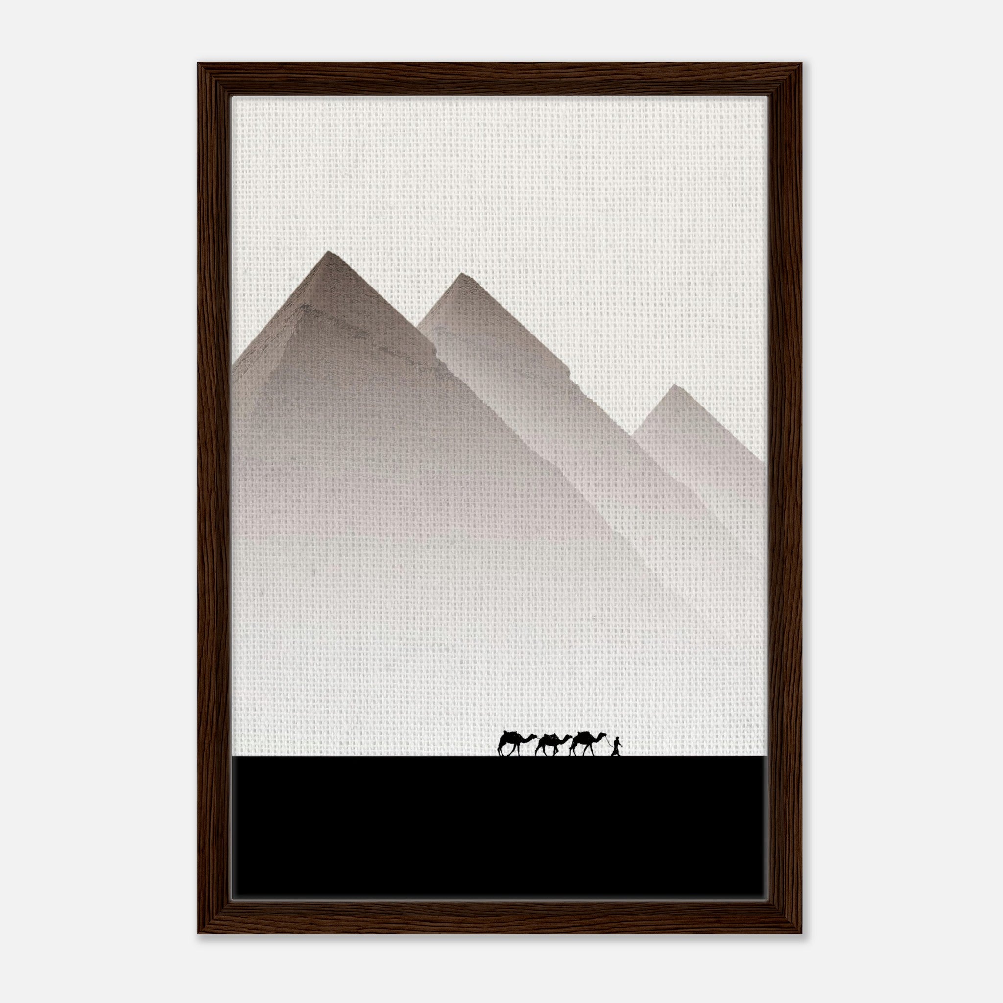 Framed canvas print of the Pyramids of Giza with minimalist design and earthy tones, featuring caravan silhouette.