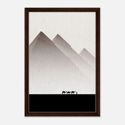 Framed canvas print of the Pyramids of Giza with minimalist design and earthy tones, featuring caravan silhouette.