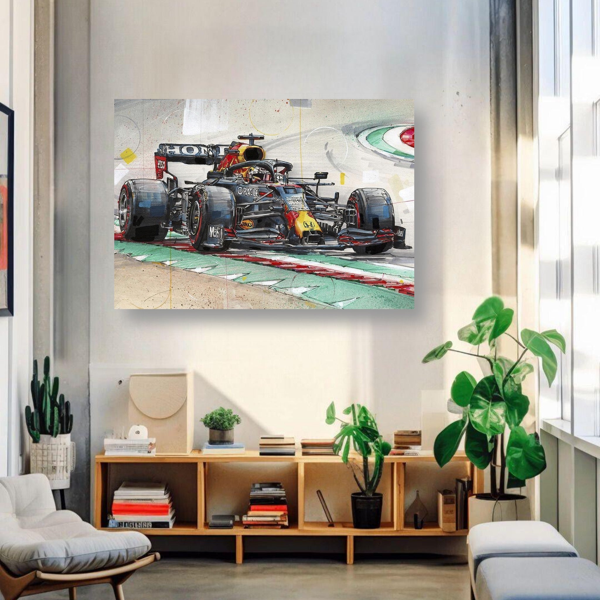 Max Verstappen F1 Red Bull racing car poster hanging in a modern living room with greenery and stylish decor.