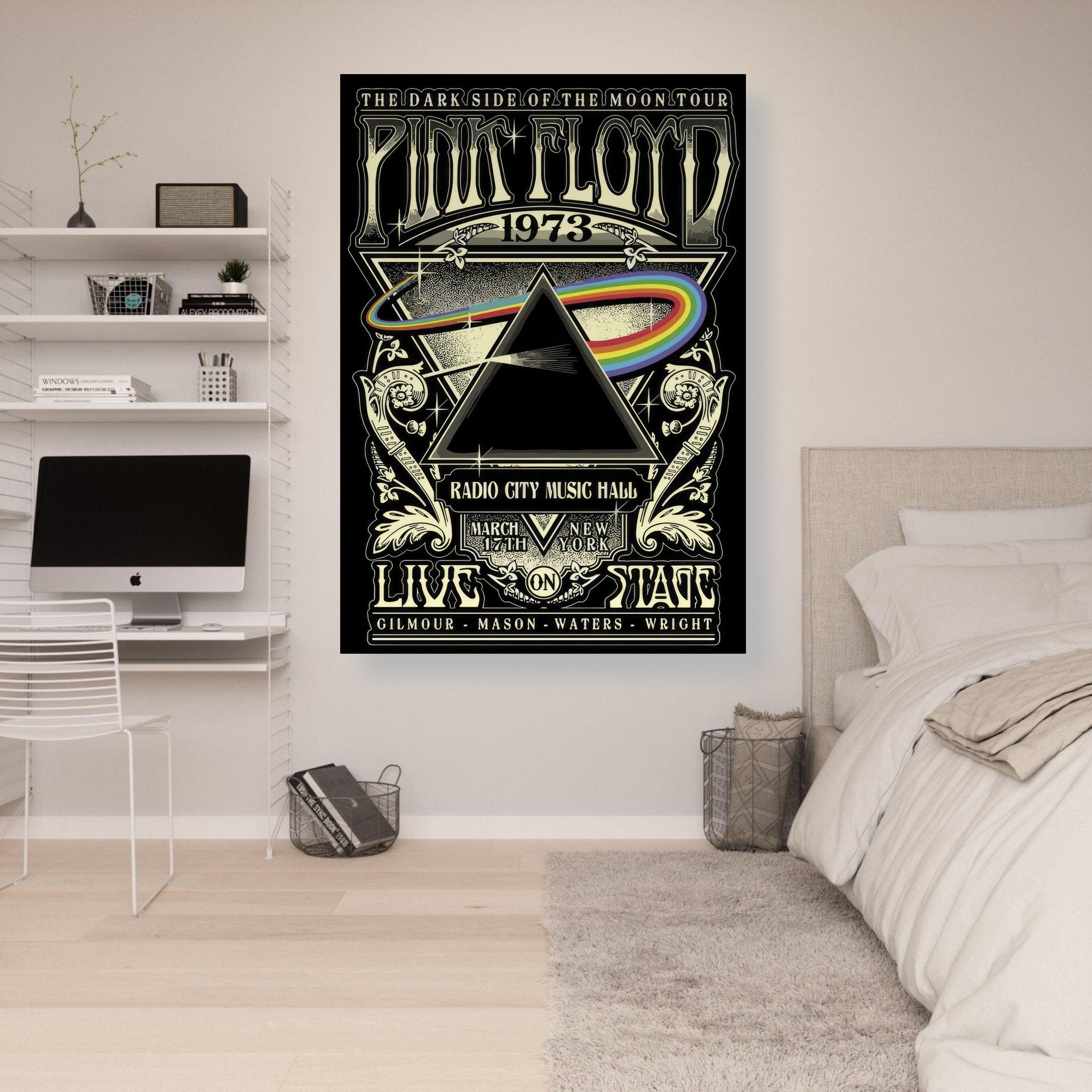 Pink Floyd The Dark Side of the Moon poster from 1973, featuring prism design and vibrant rainbow beams in a modern interior setting.