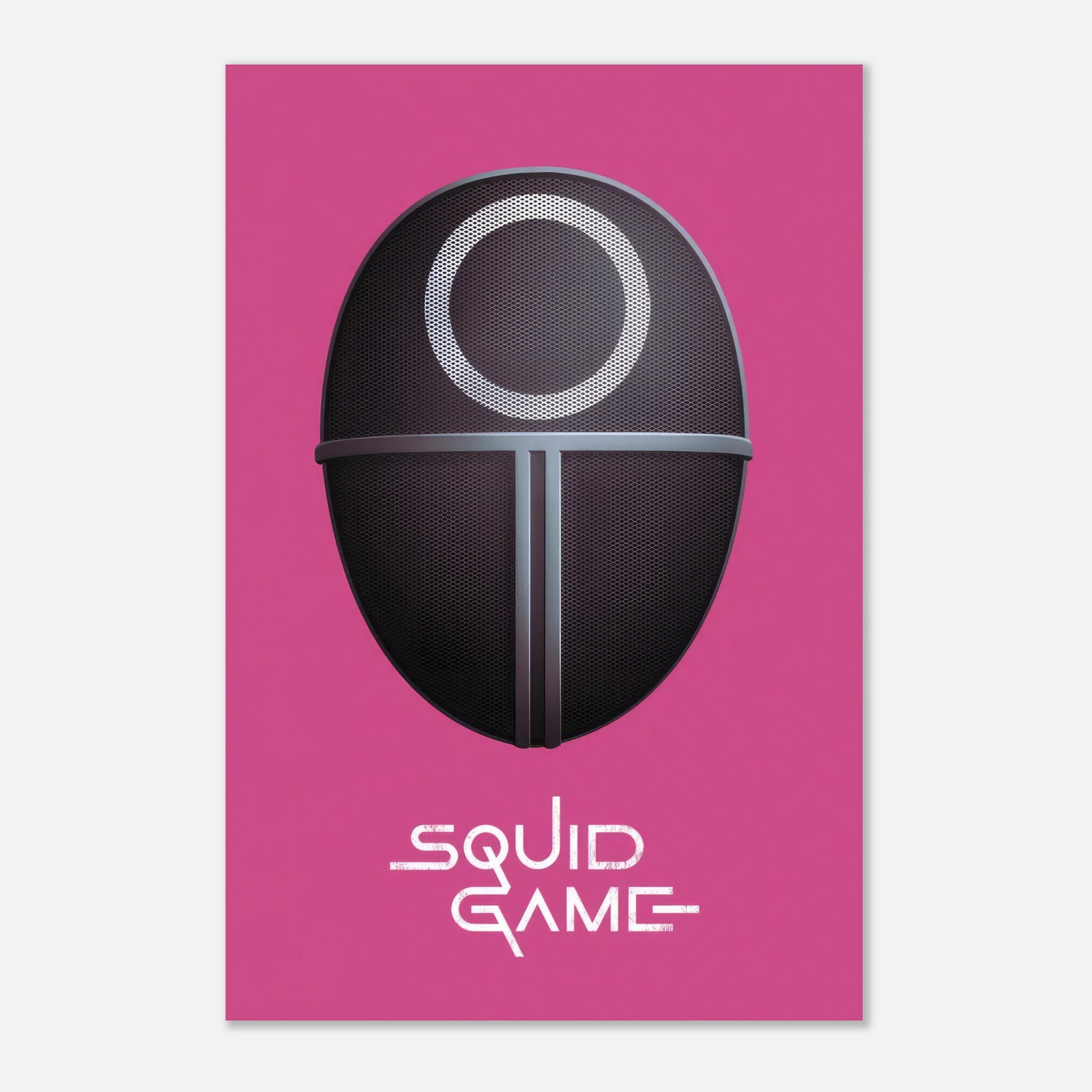 Squid Game Guard Mask metal print featuring a black mask design on a vibrant pink background. Perfect for fans of the series.