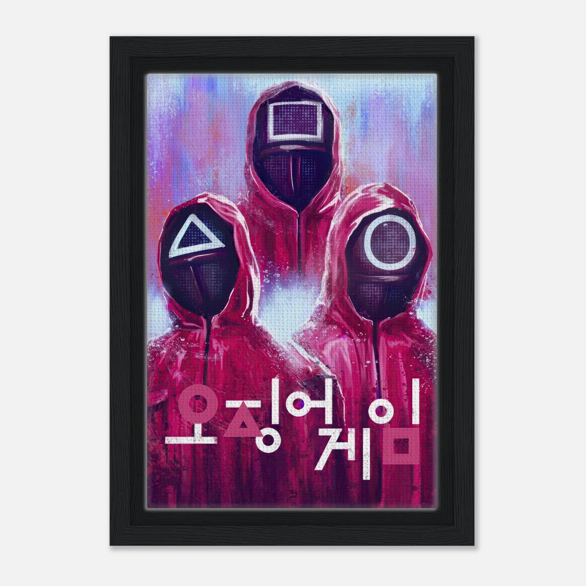 Squid Game framed canvas print featuring iconic masked guards in red uniforms with geometric symbols.