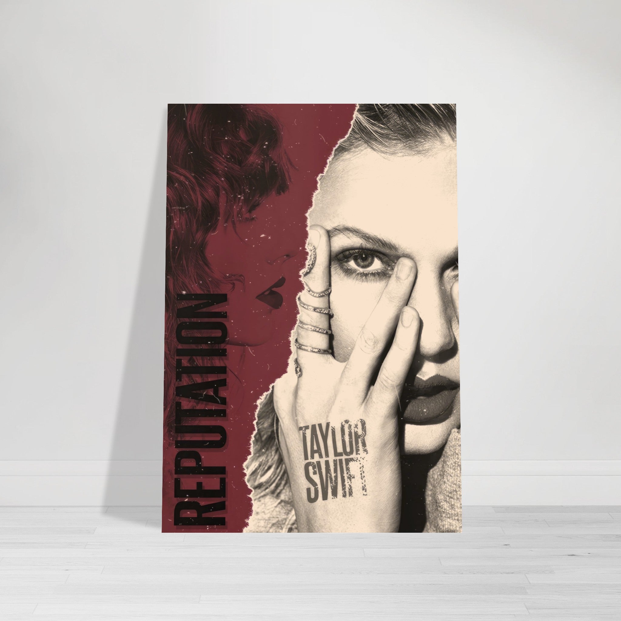 Taylor Swift Reputation poster featuring bold dual-tone design and captivating gaze, perfect for fans and home decor.