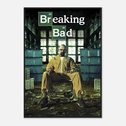 Walter White framed poster from Breaking Bad, featuring him in a yellow hazmat suit in an intense setting.