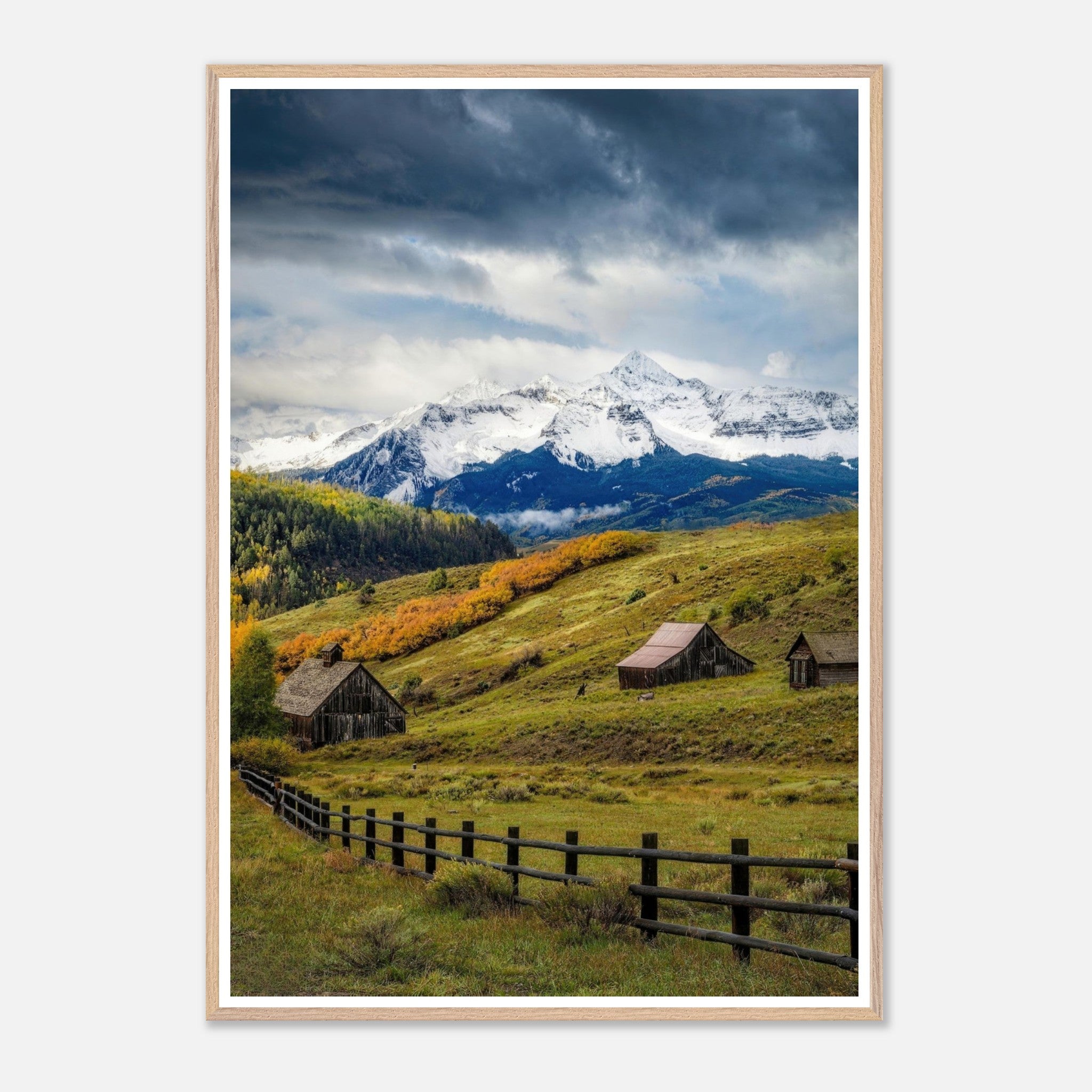 Framed Giclée fine art print of Telluride, Colorado, showcasing rustic barns and snow-capped mountains.