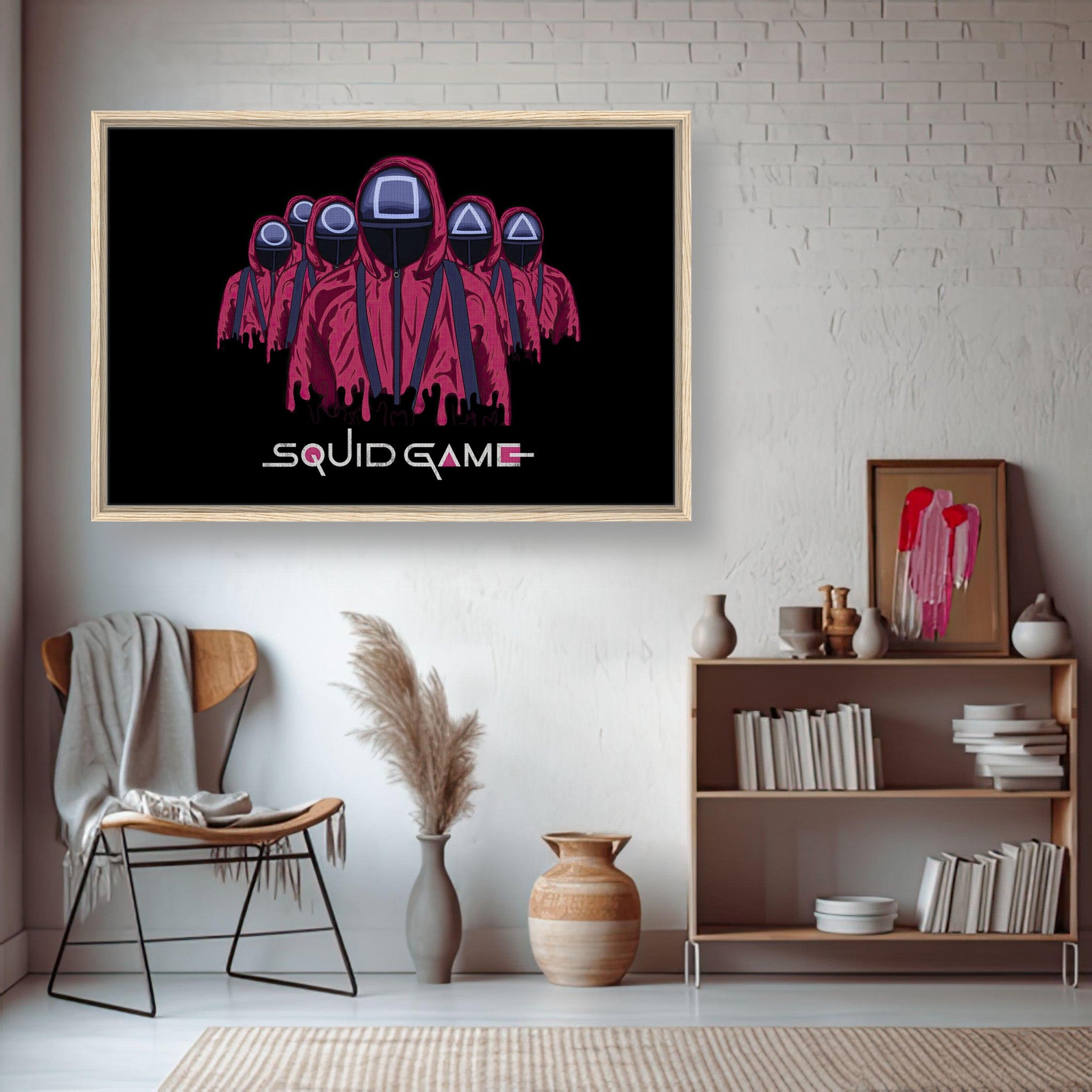 Squid Game Soldiers framed canvas print showcasing masked guards in red uniforms against a black background in a modern living space.