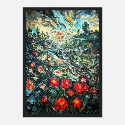 Abstract floral landscape painting framed print with vibrant colors and swirling patterns, perfect for home decor.