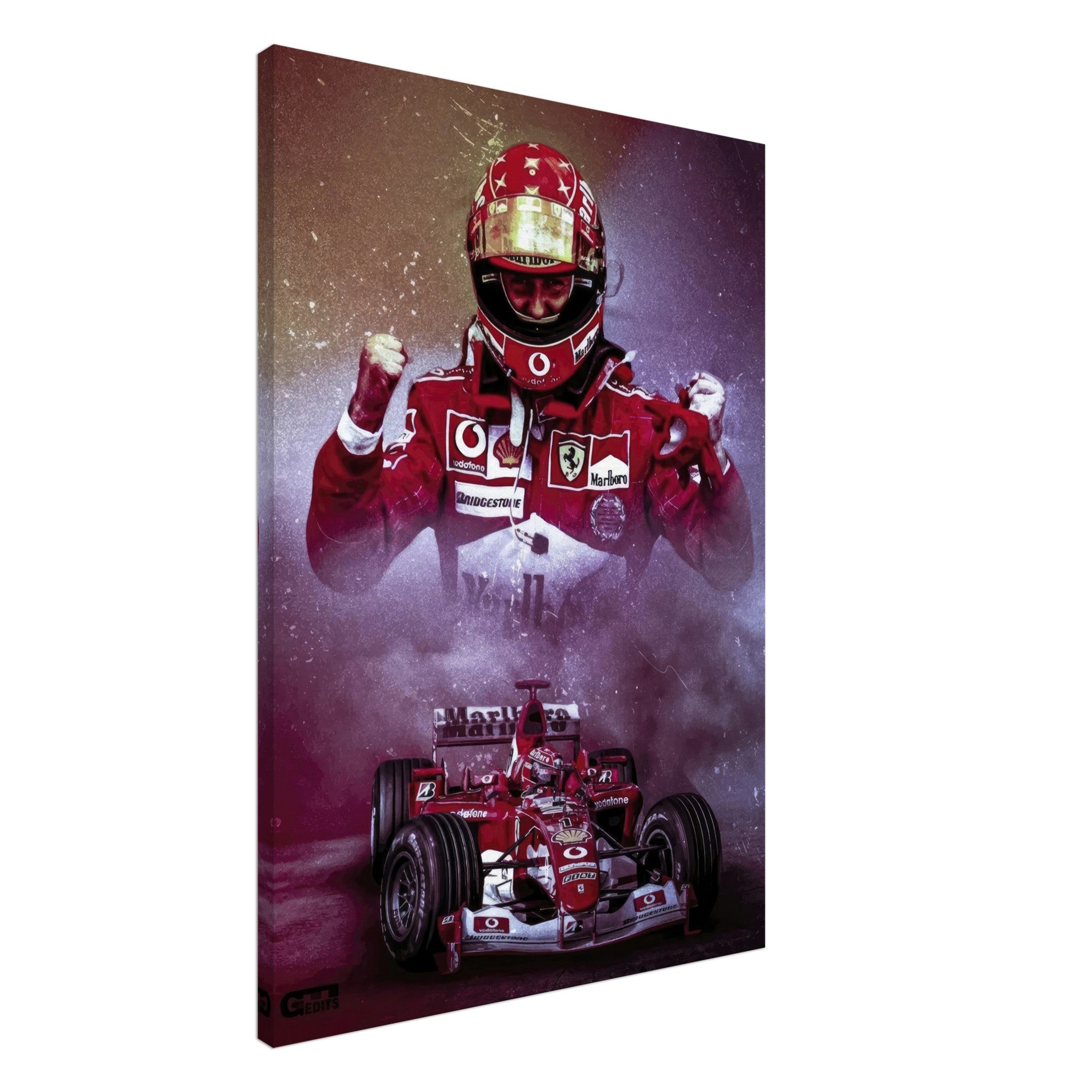 Michael Schumacher canvas artwork featuring the legendary driver in Ferrari gear, showcasing speed and triumph in motorsport.