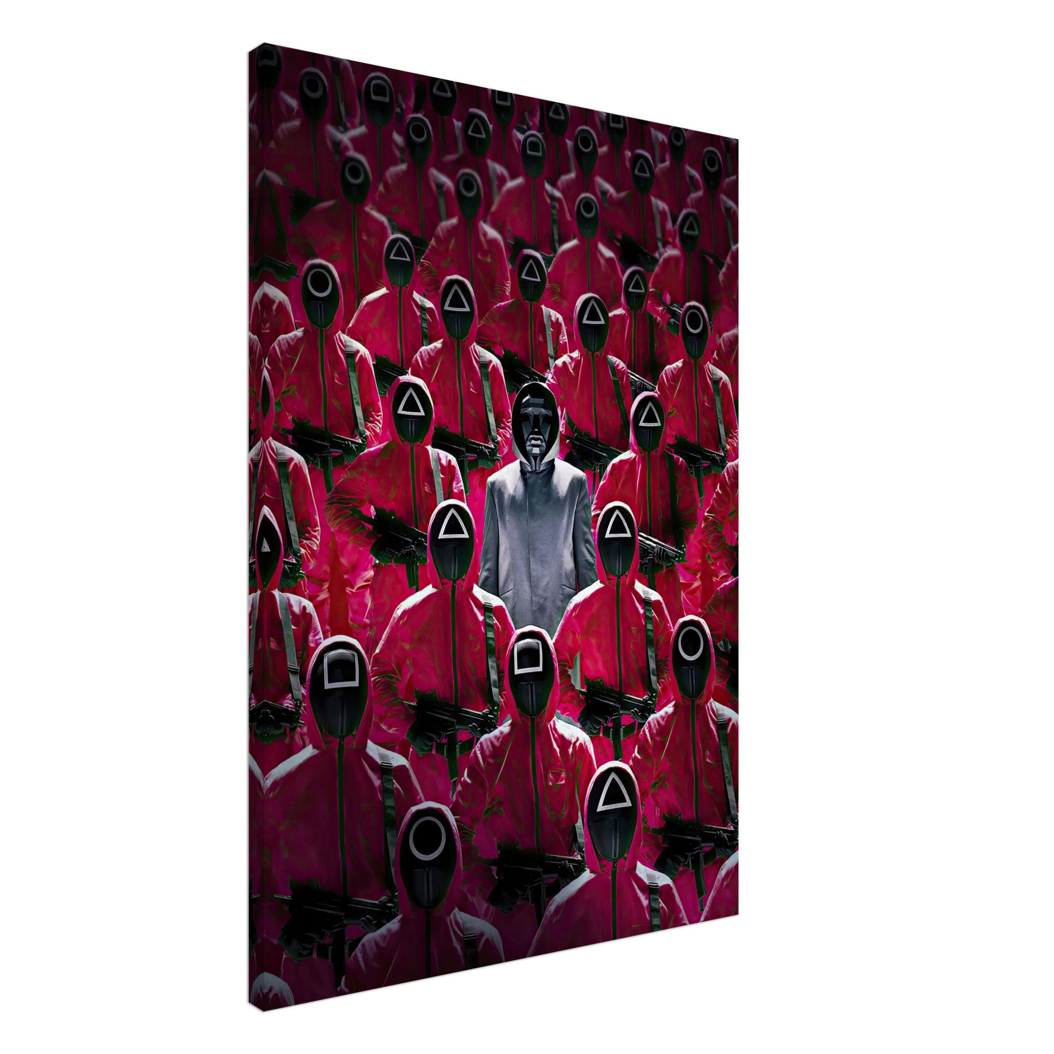 Squid Game Guards Canvas Print featuring iconic red uniforms and masks, adding bold art to any space.