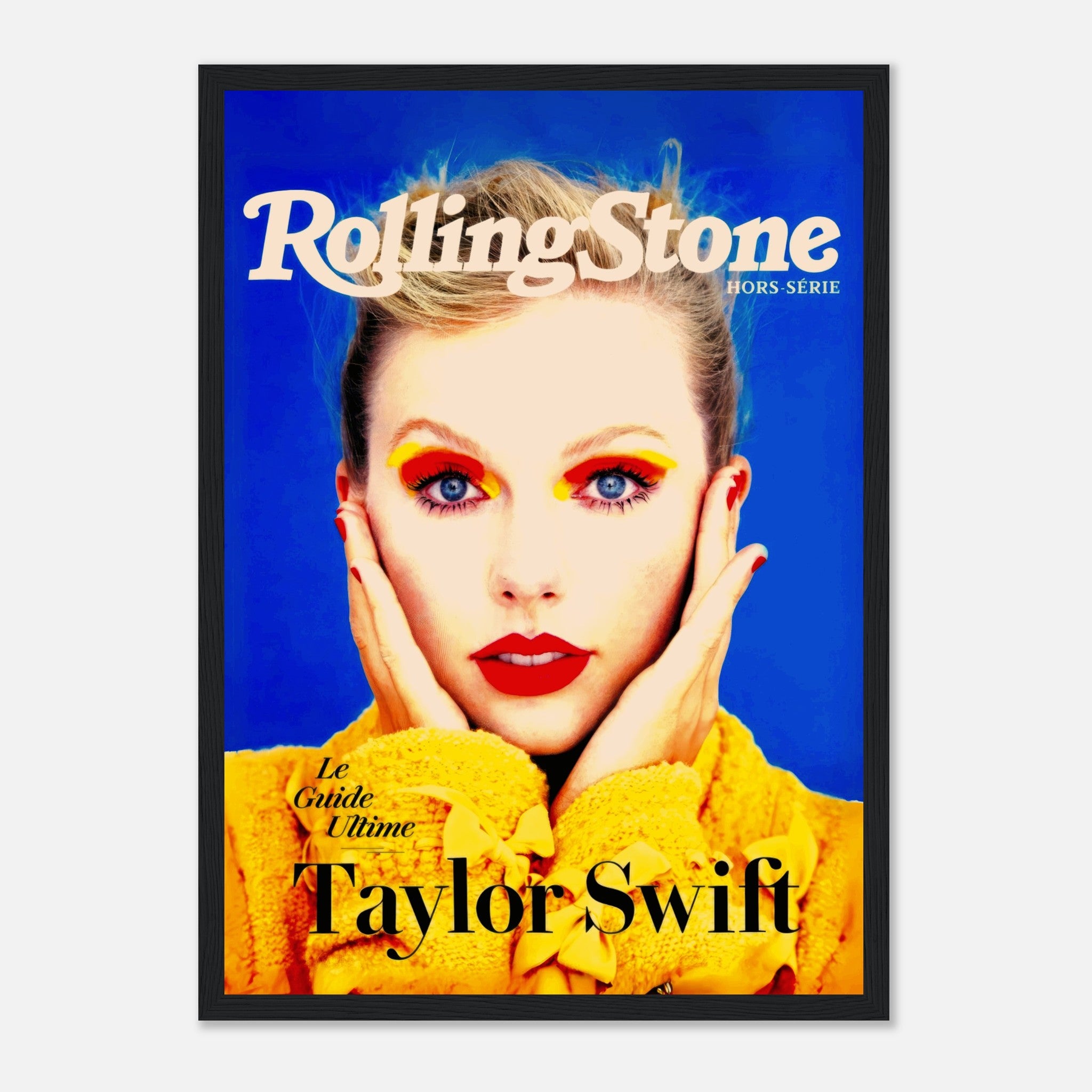 Taylor Swift Rolling Stone magazine cover framed print with vibrant colors and striking close-up portrait.