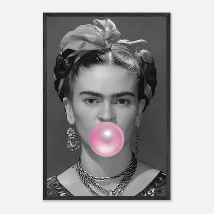 Frida Kahlo vintage art framed print with pink bubble gum in black and white, adding a playful touch to modern decor.