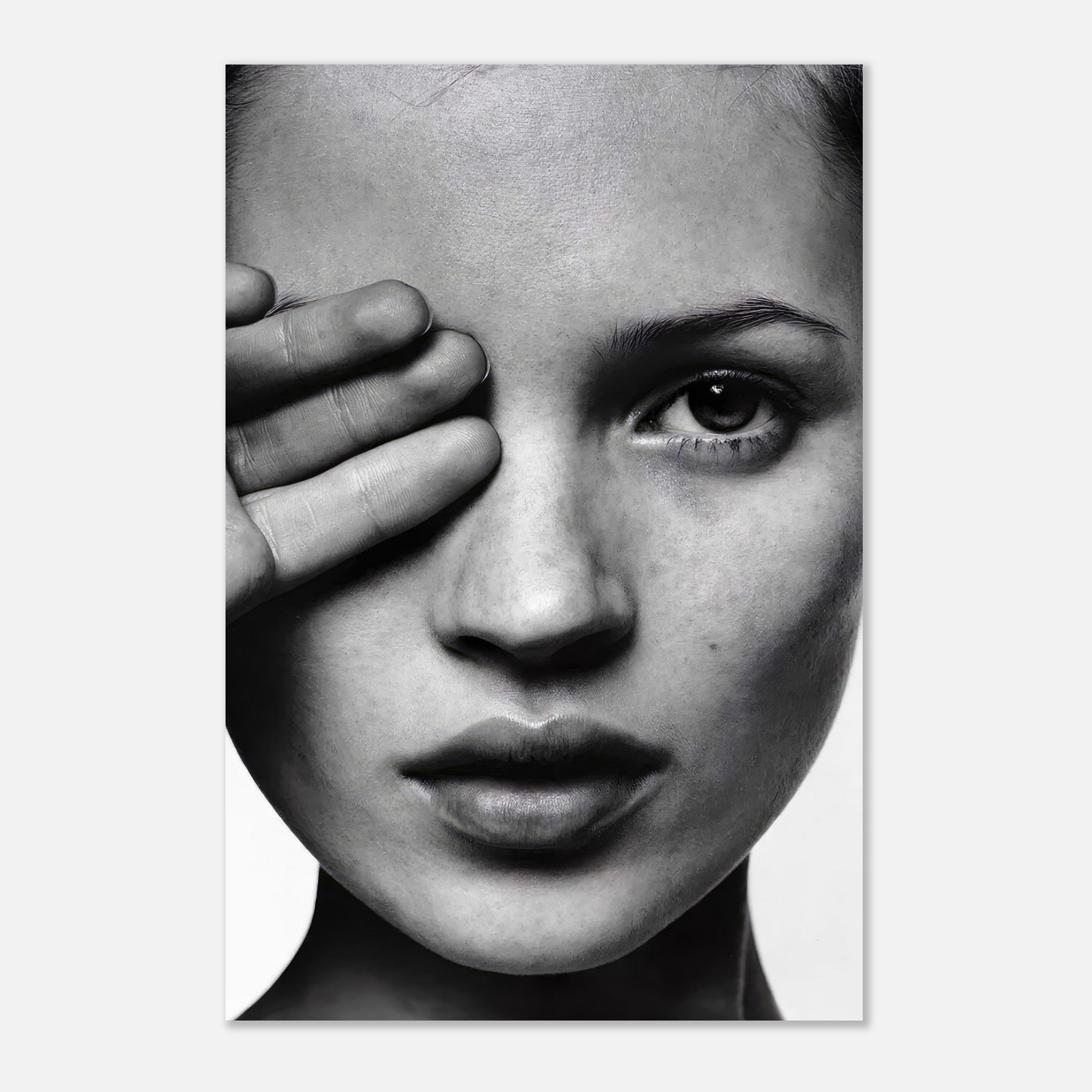 Kate Moss black and white photography metal print featuring a close-up of her face with a hand covering one eye.