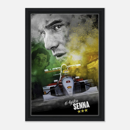 Ayrton Senna framed canvas print featuring his iconic race car and portrait, capturing the essence of Formula 1 legend.