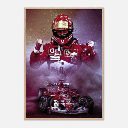 Michael Schumacher fine art print showcasing his Ferrari racing suit and championship-winning car, celebrating his legacy in Formula 1.