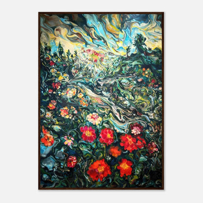 Abstract floral landscape painting featuring vibrant colors in a dreamlike composition, perfect for home decor.