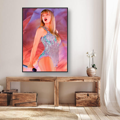 Taylor Swift performing in a dazzling outfit, framed print showcasing The Eras Tour, vibrant wall art for home decor.