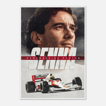 Ayrton Senna tribute poster featuring iconic race car and portrait, celebrating the legacy of a Formula 1 legend.