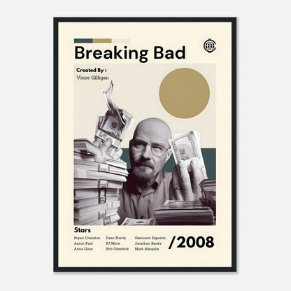 Framed print of Walter White from Breaking Bad showcasing his transformation with cash and stacks of books.