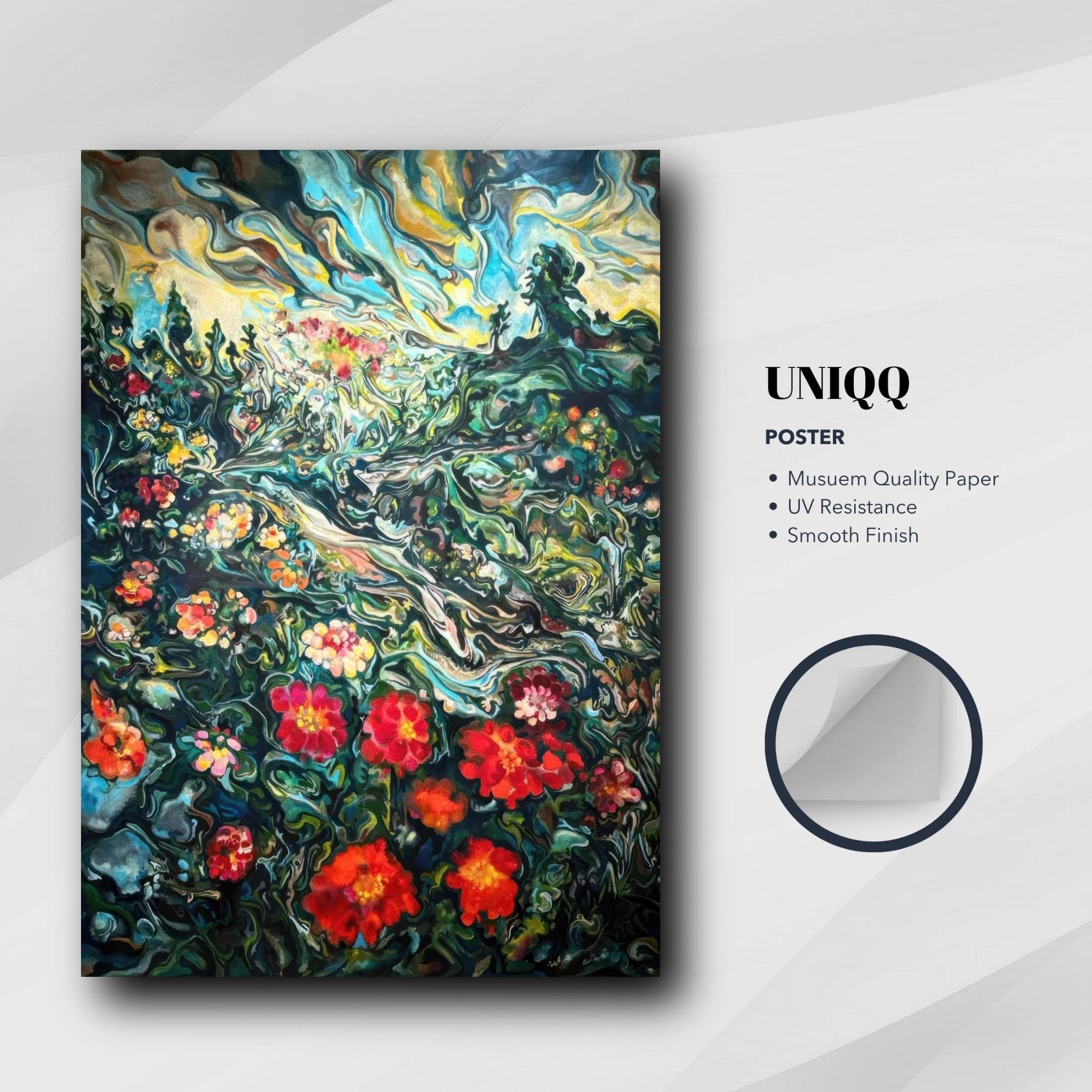 Abstract Floral Landscape Painting Poster with vibrant flowers and swirling colors on museum quality paper.