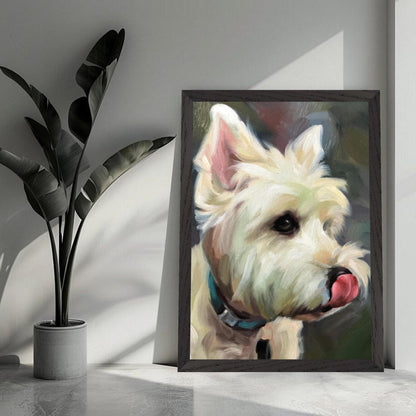 Westie dog painting in a vintage frame, showcasing the playful spirit of the West Highland White Terrier.