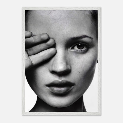 Kate Moss vintage black and white photography framed print, capturing elegance and timeless sophistication for decor.