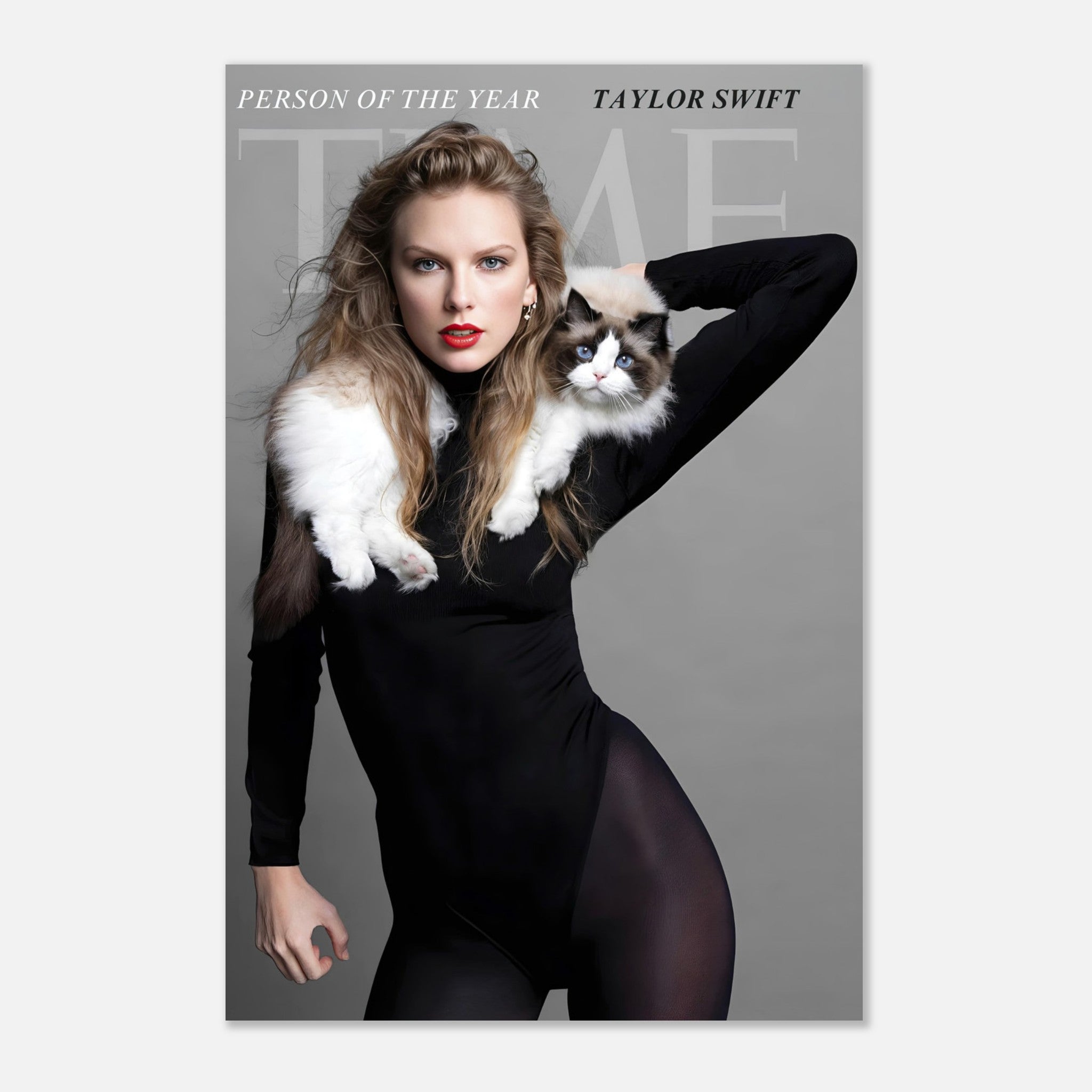 Taylor Swift Time Magazine cover metal print, featuring her with a cat, celebrating her as Person of the Year.