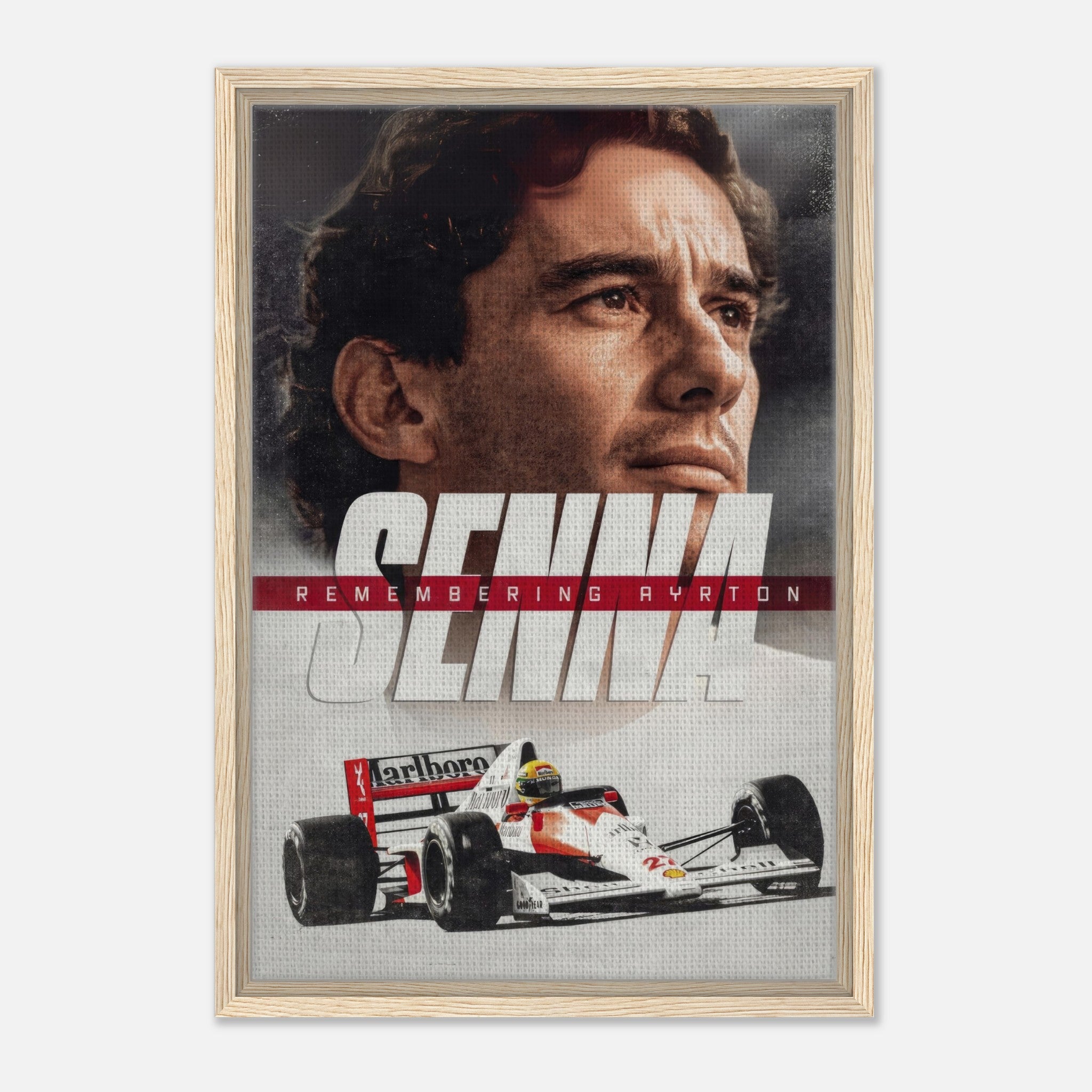 Framed canvas print of Ayrton Senna capturing his legacy and iconic presence in Formula 1 racing.