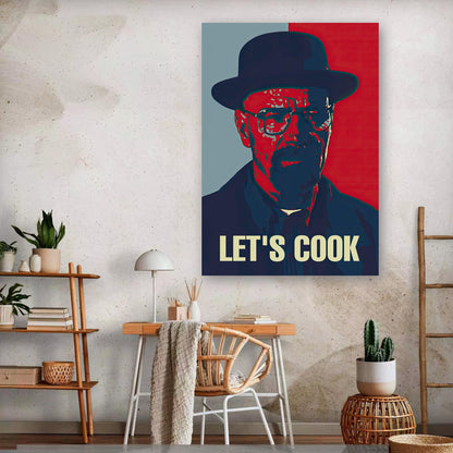 Heisenberg Let’s Cook poster featuring bold colors and iconic design, perfect for modern art and pop culture enthusiasts.