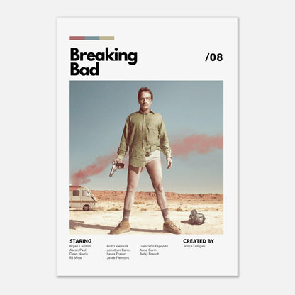 Retro Breaking Bad metal print featuring Walter White in desert attire with iconic imagery from the series.