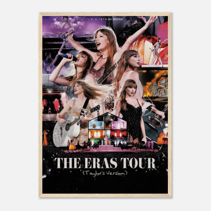 Taylor Swift Eras Tour framed poster showcasing vibrant performances and costumes in a stunning collage.