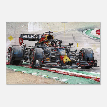 Max Verstappen brushed metal artwork, dynamic Formula 1 racing scene on aluminum panel, modern motorsport decor.