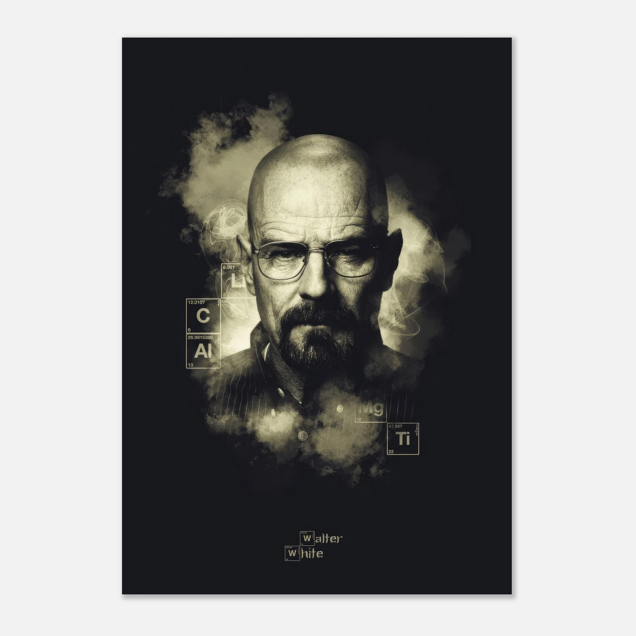 Walter White Heisenberg poster featuring a dramatic black-and-white portrait with chemistry elements. Perfect for "Breaking Bad" fans.