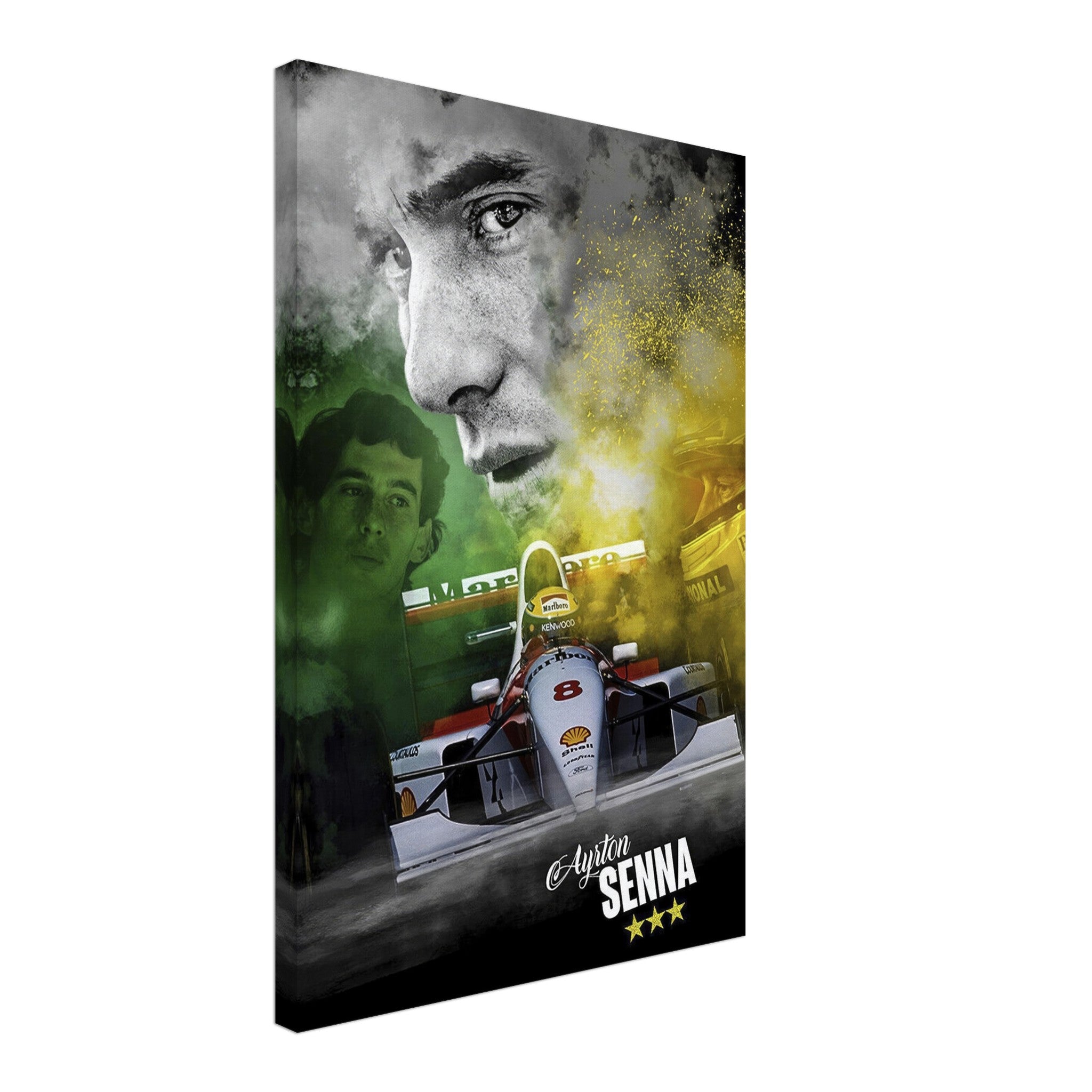 Ayrton Senna F1 McLaren canvas print featuring Senna's iconic race gear and car in dynamic tribute to the legendary driver.