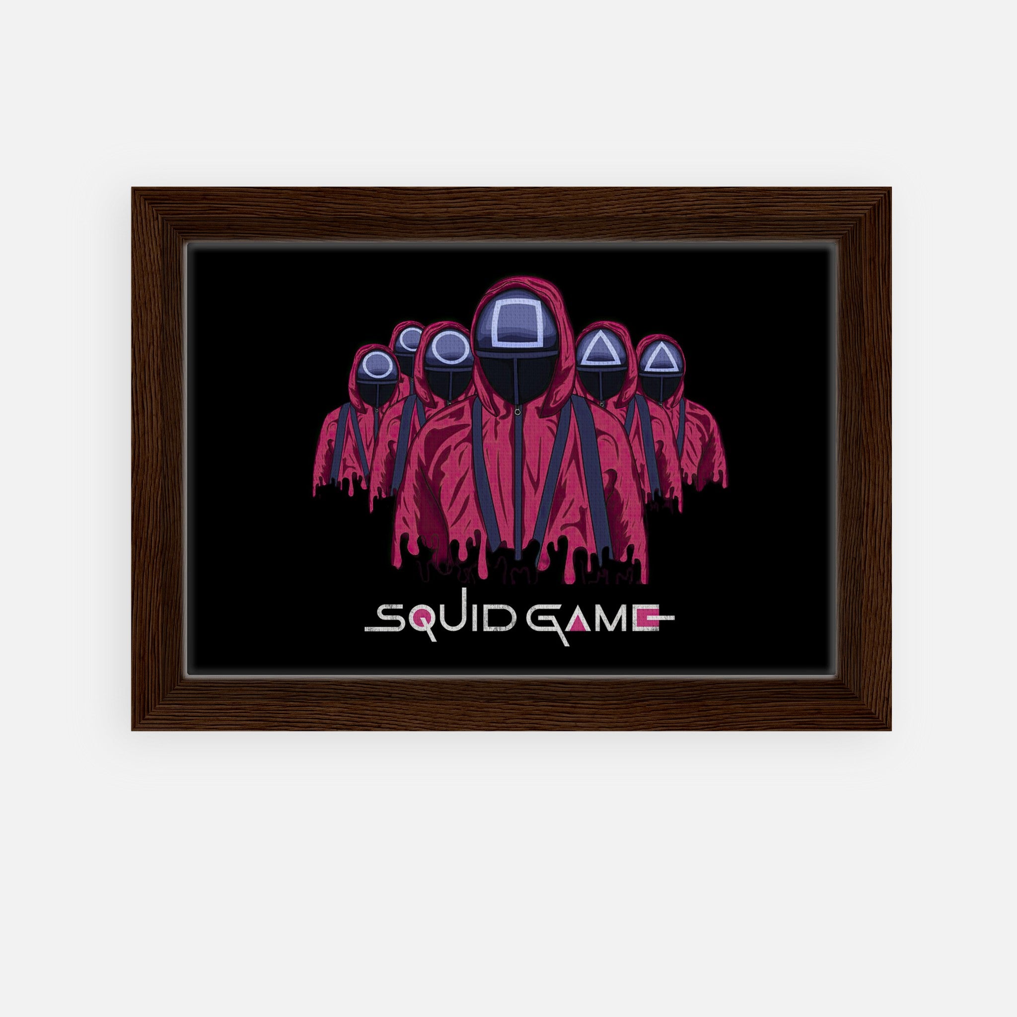 Squid Game Soldiers framed canvas print featuring iconic masked guards in red uniforms against a black background.