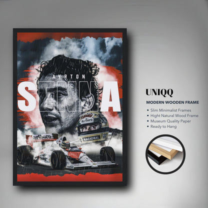 Ayrton Senna F1 framed print showcasing vibrant imagery and modern wooden frame, perfect for motorsport enthusiasts.