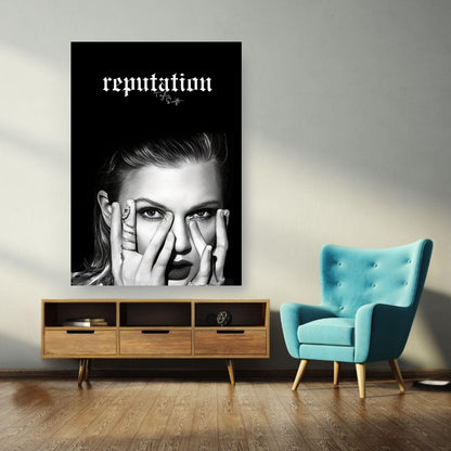 Taylor Swift Reputation metal print featuring striking black-and-white album artwork in modern living room setting.